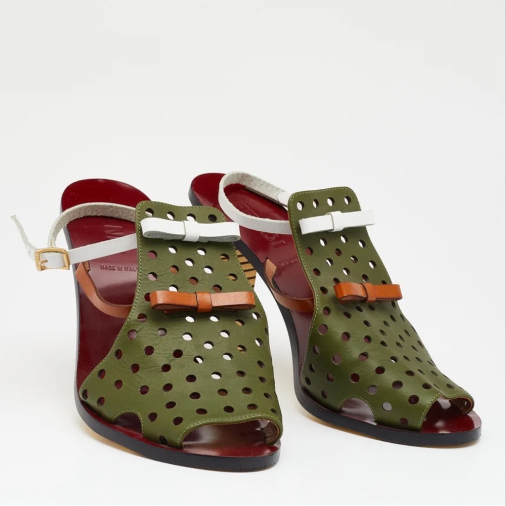 Fendi Olive Green, Brown & White Perforated Leather Slingback Sandals